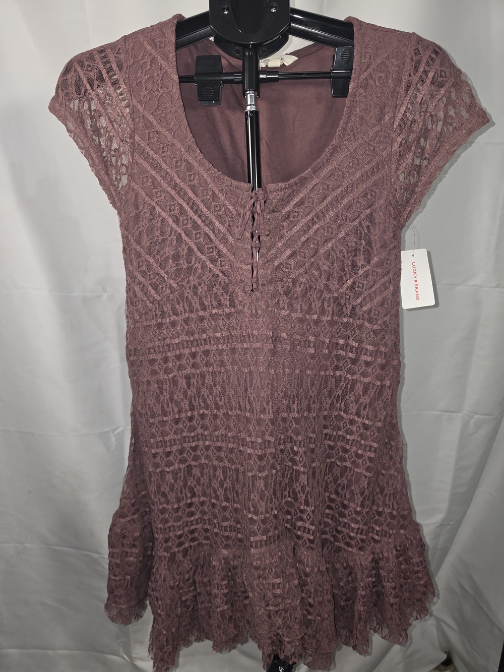 Lucky Brand NWT Lace Peplum Babydoll Flared Mini Dress Mauve Boho Tie Front XS
